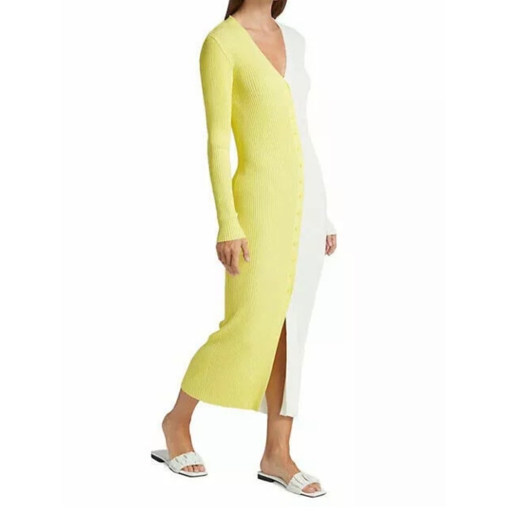 STAUD Two-Tone Yellow and White Ribbed Midi Dress